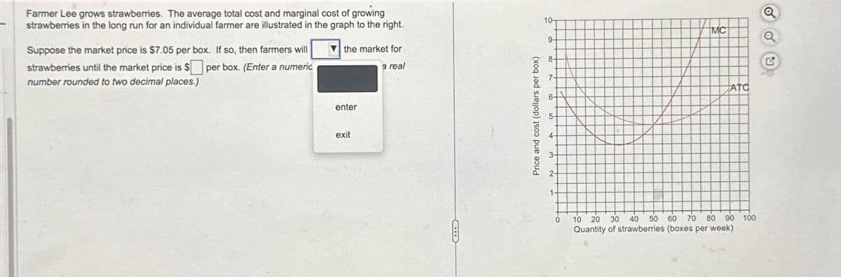 Farmer Lee grows strawberries. The average total cost and marginal cost of growing
strawberries in the long run for an individual farmer are illustrated in the graph to the right.
Suppose the market price is $7.05 per box. If so, then farmers will
strawberries until the market price is $
number rounded to two decimal places.)
per box. (Enter a numeric
the market for
a real
enter
exit
Price and cost (dollars per box)
10-
9-
8-
5-
3-
2-
1.
0
MC
ATC
10
20 30 40 50 60 70 80 90 100
Quantity of strawberries (boxes per week)
o