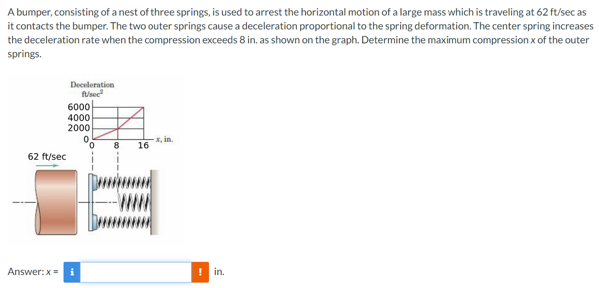 A bumper, consisting of a nest of three springs, is used to arrest the horizontal motion of a large mass which is traveling at 62 ft/sec as
it contacts the bumper. The two outer springs cause a deceleration proportional to the spring deformation. The center spring increases
the deceleration rate when the compression exceeds 8 in. as shown on the graph. Determine the maximum compression x of the outer
springs.
Deceleration
ft/sec
6000
4000
2000
x, in.
16
8
62 ft/sec
Answer:x =
i
! in.
