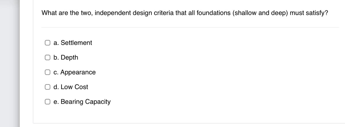 What are the two, independent design criteria that all foundations (shallow and deep) must satisfy?
O a. Settlement
O b. Depth
O c. Appearance
O d. Low Cost
e. Bearing Capacity