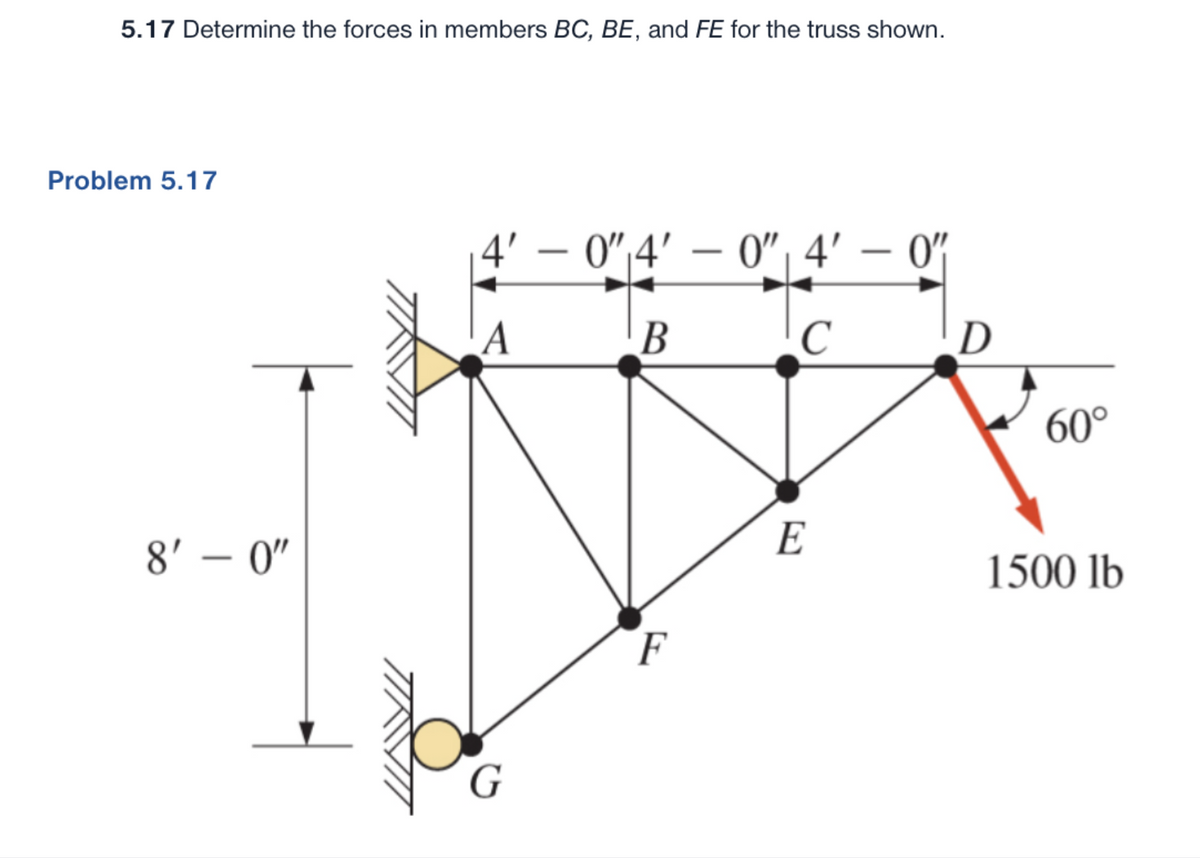 5.17 Determine the forces in members BC, BE, and FE for the truss shown.
Problem 5.17
8'-0"
4'
A
G
0"4'-0" 4'
0", 4'-0"
B
с
F
E
D
60°
1500 lb