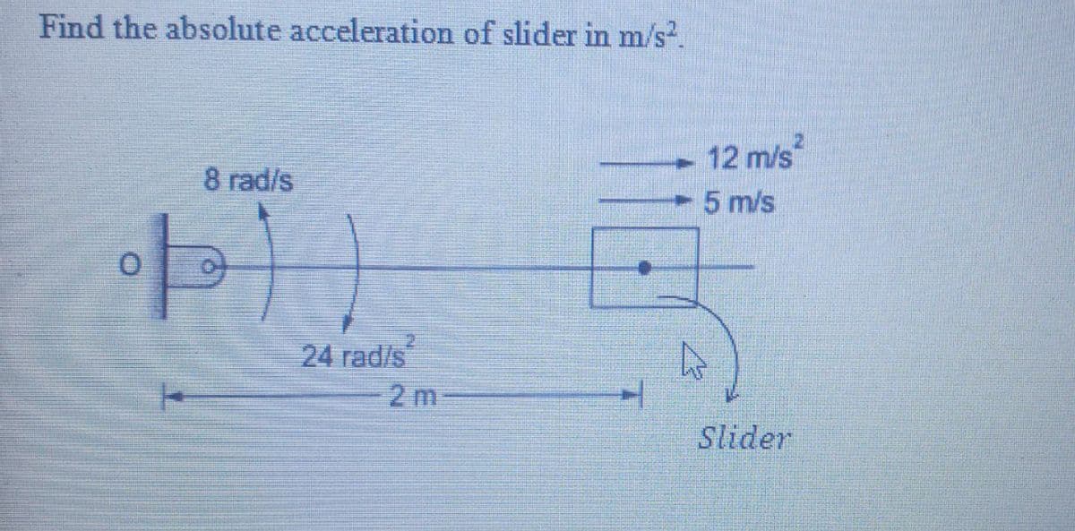 Find the absolute acceleration of slider in m/s².
8 rad/s
24 rad/s
2 m
12 m/s
5 m/s
A
Slider