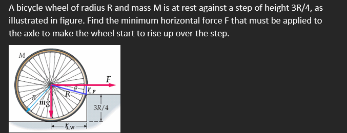 A bicycle wheel of radius R and mass M is at rest against a step of height 3R/4, as
illustrated in figure. Find the minimum horizontal force F that must be applied to
the axle to make the wheel start to rise up over the step.
M
mg
R
kw-
F
3R/4