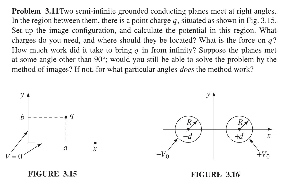 Problem 3.11 Two semi-infinite grounded conducting planes meet at right angles.
In the region between them, there is a point charge q, situated as shown in Fig. 3.15.
Set up the image configuration, and calculate the potential in this region. What
charges do you need, and where should they be located? What is the force on q?
How much work did it take to bring q in from infinity? Suppose the planes met
at some angle other than 90°; would you still be able to solve the problem by the
method of images? If not, for what particular angles does the method work?
y
b
V=0
a
FIGURE 3.15
X
y
pla
R
RA
-d
+d
-Vo
FIGURE 3.16
X
+Vo