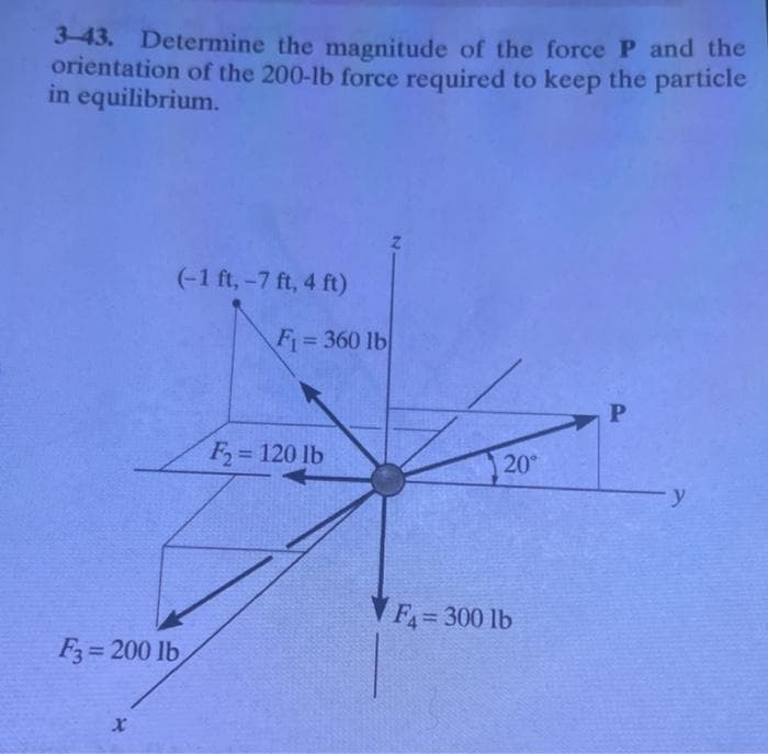 3-43. Determine the magnitude of the force P and the
orientation of the 200-lb force required to keep the particle
in equilibrium.
(-1 ft, -7 ft, 4 ft)
F3=200 lb
x
F₁=360 lb
F₂= 120 lb
20°
F4=300 lb
P
y