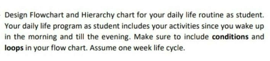 Design Flowchart and Hierarchy chart for your daily life routine as student.
Your daily life program as student includes your activities since you wake up
in the morning and till the evening. Make sure to include conditions and
loops in your flow chart. Assume one week life cycle.
