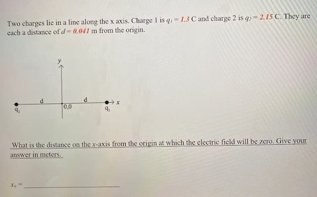 Two charges lie in a line along the x axis. Charge 1 is q, = 1.3 C and charge 2 is q2 = 2.15 C. They are
each a distance of d= 0.041 m from the origin.
d
Xo
[0,0
d
→x
9₁
What is the distance on the x-axis from the origin at which the electric field will be zero. Give your
answer in meters.