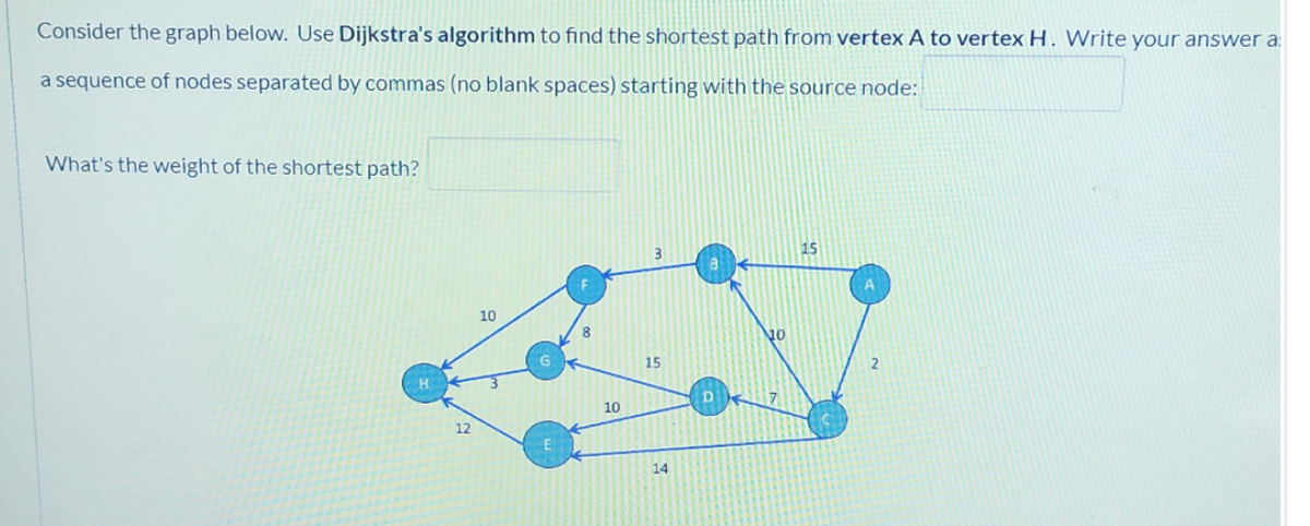 Consider the graph below. Use Dijkstra's algorithm to find the shortest path from vertex A to vertex H. Write your answer a.
a sequence of nodes separated by commas (no blank spaces) starting with the source node:
What's the weight of the shortest path?
15
10
10
15
2
10
12
14
