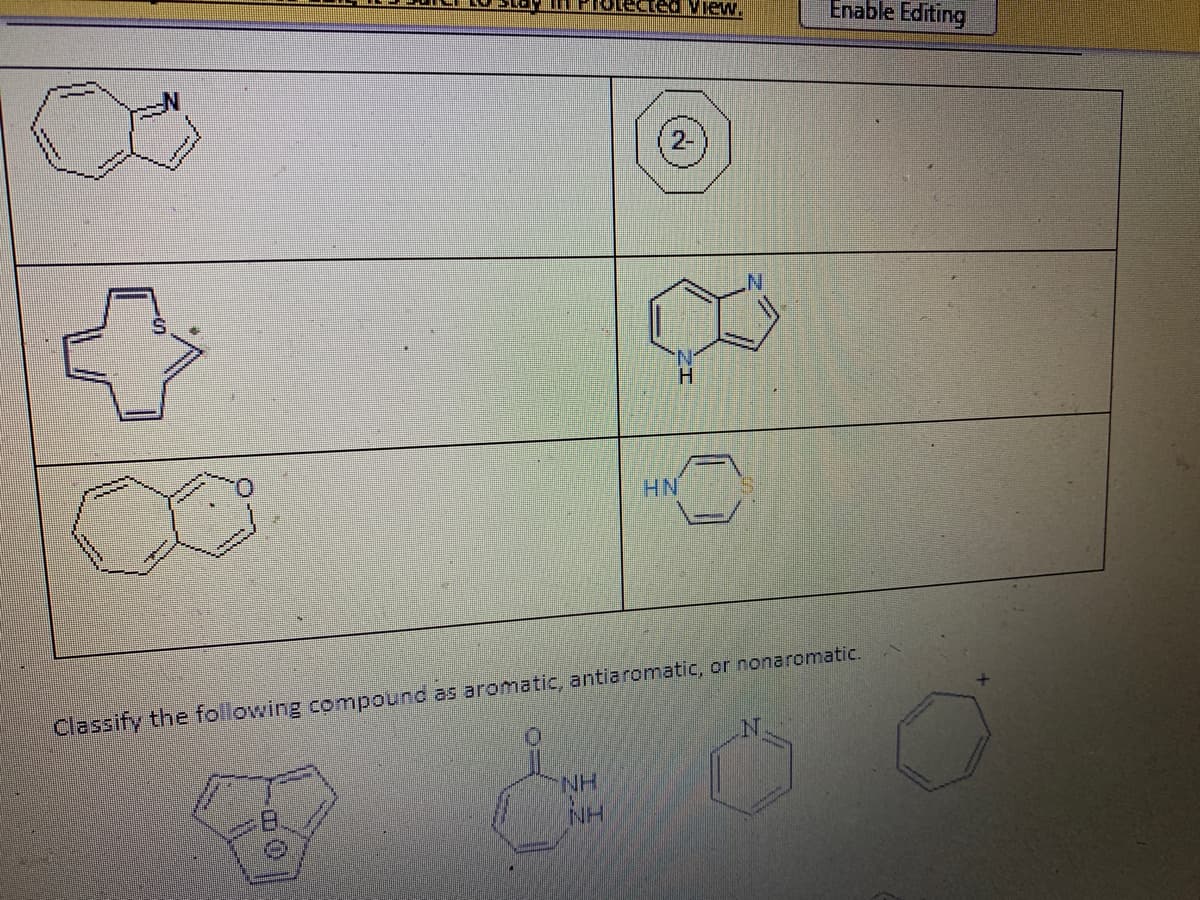 View.
Enable Editing
2-
H.
HN
Classify the following compound as aromatic, antiaromatic, or nonaromatic.
NH
NH
