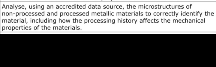Analyse, using an accredited data source, the microstructures of
non-processed and processed metallic materials to correctly identify the
material, including how the processing history affects the mechanical
properties of the materials.