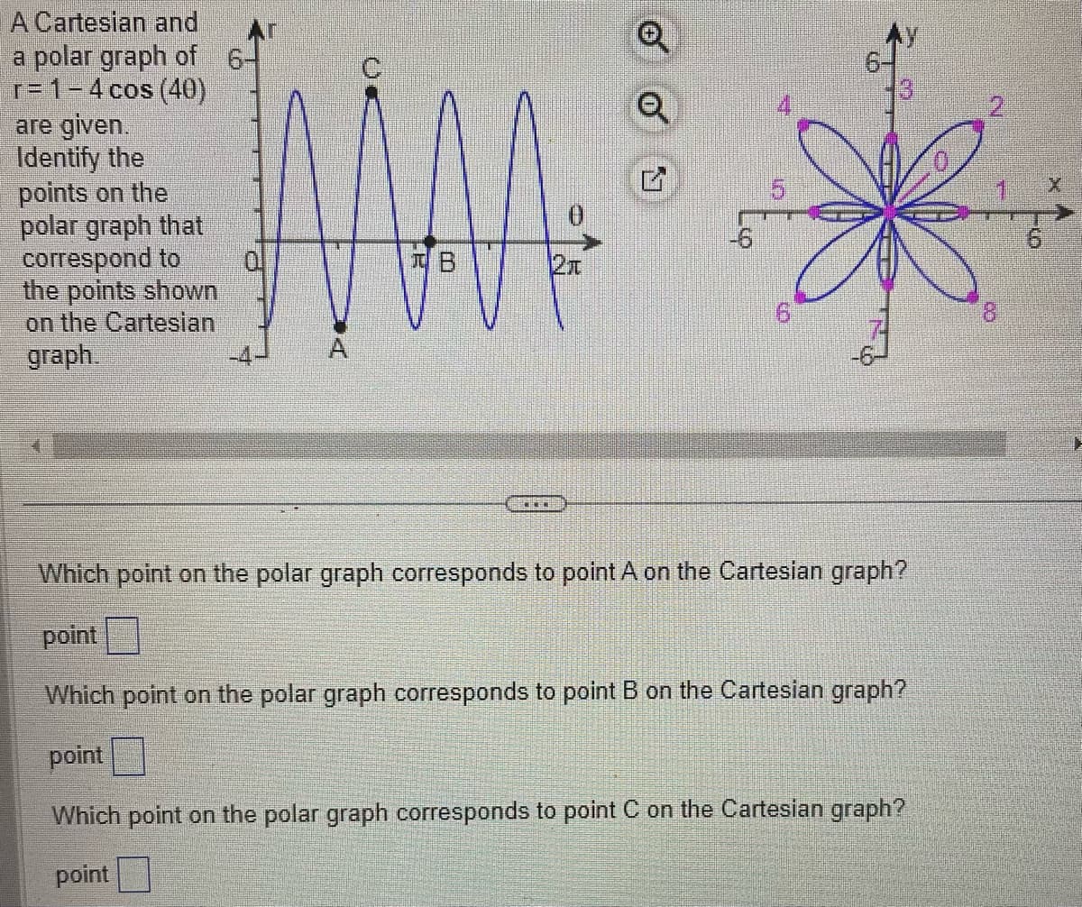 A Cartesian and
a polar graph of 6-
r=1-4 cos (40)
are given.
Identify the
points on the
polar graph that
correspond to
the points shown
on the Cartesian
graph.
TB
21
Q
Q
Q
Lo
51
Co
Which point on the polar graph corresponds to point A on the Cartesian graph?
point
Which point on the polar graph corresponds to point B on the Cartesian graph?
point
Which point on the polar graph corresponds to point C on the Cartesian graph?
point
2
-0
X