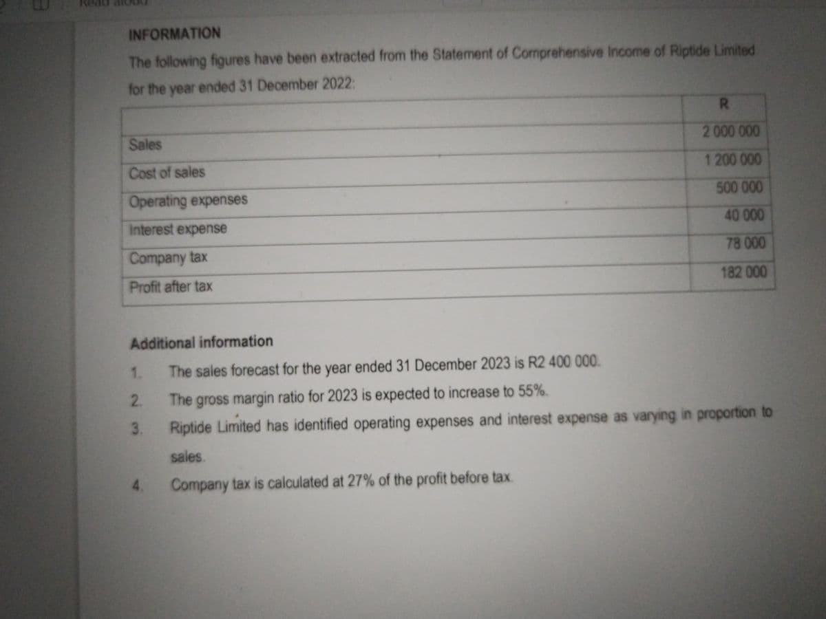 INFORMATION
The following figures have been extracted from the Statement of Comprehensive Income of Riptide Limited
for the year ended 31 December 2022:
Sales
Cost of sales
Operating expenses
Interest expense
Company tax
Profit after tax
R
2 000 000
1 200 000
500 000
40 000
78 000
182 000
Additional information
The sales forecast for the year ended 31 December 2023 is R2 400 000.
The gross margin ratio for 2023 is expected to increase to 55%.
Riptide Limited has identified operating expenses and interest expense as varying in proportion to
sales.
Company tax is calculated at 27% of the profit before tax.
1.
2.
3.