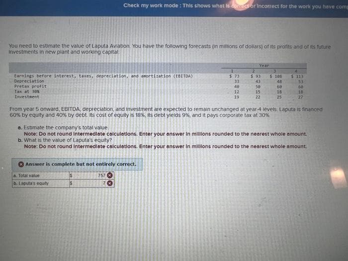 You need to estimate the value of Laputa Aviation. You have the following forecasts (in millions of dollars) of its profits and of its future
Investments in new plant and working capital:
Earnings before interest, taxes, depreciation, and amortization (EBITDA)
Depreciation
Pretax profit
Tax at 30%
Investment
Check my work mode: This shows what is correct or incorrect for the work you have comp
Answer is complete but not entirely correct.
757
a. Total value
b. Laputa's equity
$
$
ⓇⓇ
1
$.73
33
40
12
19
70
Year
From year 5 onward, EBITDA, depreciation, and investment are expected to remain unchanged at year-4 levels. Laputa is financed
60% by equity and 40% by debt. Its cost of equity is 18%, its debt yields 9%, and it pays corporate tax at 30%
2
$93
43
50
15
22
a. Estimate the company's total value.
Note: Do not round Intermediate calculations. Enter your answer in millions rounded to the nearest whole amount.
b. What is the value of Laputa's equity?
Note: Do not round Intermediate calculations. Enter your answer in millions rounded to the nearest whole amount.
$ 188
48
60
18
25
4
$ 113
53
60
18
27