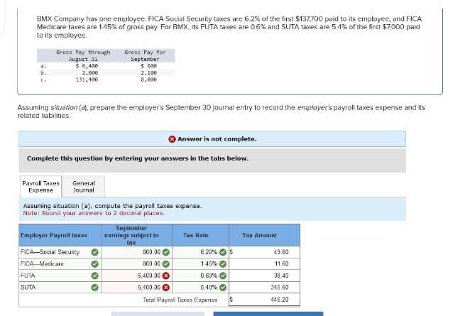 BMX Company has one employee. FICA Social Security taxes are 6.2% of the first $137,700 paid to its employee, and FICA
Medicare taxes are 1.45% of gross pay. For BMX, its FUTA taxes are 0.6% and SUTA taxes are 5.4% of the first $7,000 paid
to its employee.
a.
b.
c.
Gross Pay through
August 31
$ 6,400
2,000
131,400
Gross Pay for
September
$ 800
2,100
8,000
Assuming situation (a), prepare the employer's September 30 journal entry to record the employer's payroll taxes expense and its
related liabilities.
Answer is not complete.
Complete this question by entering your answers in the tabs below.
Payroll Taxes General
Expense
Journal
Assuming situation (a), compute the payroll taxes expense.
Note: Round your answers to 2 decimal places.
September
Employer Payroll taxes
earnings subject to
Tax Rate
Tax Amount
tax
FICA-Social Security
FICA Medicare
FUTA
SUTA
800.00
6.20%
S
49.60
800.00
1.45%
11 60
6.400.00
0.60%
38.40
6,400.00
5.40%
345.60
Total Payroll Taxes Expense
S
445.20