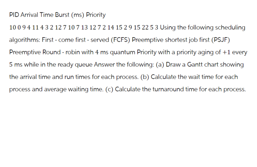 PID Arrival Time Burst (ms) Priority
10 094 11 4 3 2 12 7 10 7 13 12 7 2 14 15 2 9 15 22 5 3 Using the following scheduling
algorithms: First come first - served (FCFS) Preemptive shortest job first (PSJF)
Preemptive Round - robin with 4 ms quantum Priority with a priority aging of +1 every
5 ms while in the ready queue Answer the following: (a) Draw a Gantt chart showing
the arrival time and run times for each process. (b) Calculate the wait time for each
process and average waiting time. (c) Calculate the turnaround time for each process.