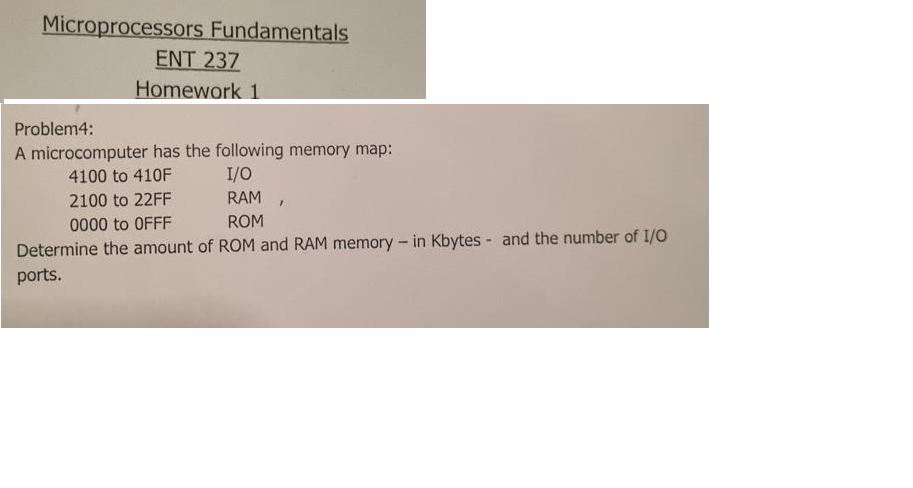 Microprocessors Fundamentals
ENT 237
Homework 1
Problem4:
A microcomputer has the following memory map:
I/O
4100 to 410F
2100 to 22FF
RAM
0000 to OFFF
ROM
Determine the amount of ROM and RAM memory - in Kbytes - and the number of I/O
ports.
