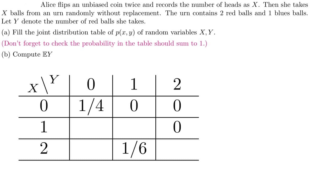 Alice flips an unbiased coin twice and records the number of heads as X. Then she takes
X balls from an urn randomly without replacement. The urn contains 2 red balls and 1 blues balls.
Let Y denote the number of red balls she takes.
(a) Fill the joint distribution table of p(x, y) of random variables X, Y.
(Don't forget to check the probability in the table should sum to 1.)
(b) Compute EY
Y
X | 4
0
1
2
0
1/4
0
0
1
0
2
1/6