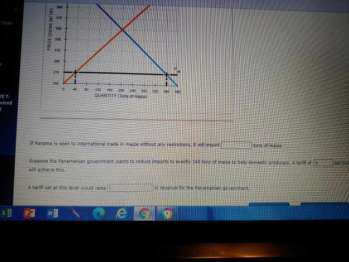 390
370
Tools
350
u 330
310+
290
270
250
40
160 200
240 280 320
QUANTITY (Tons of maize)
120
360 400
EE 7-
mited
ב
If Panama is open to international trade in maize without any restrictions, it will import
tons of maize.
Suppose the Panamanian government wants to reduce imports to exactly 160 tons of maize to help domestic producers. A tariff of S
per ton
Will achieve this.
A tariff set at this leveliwould raise
in revenue for the Panamanjan government
e
PRICE (Dollars per tan)
