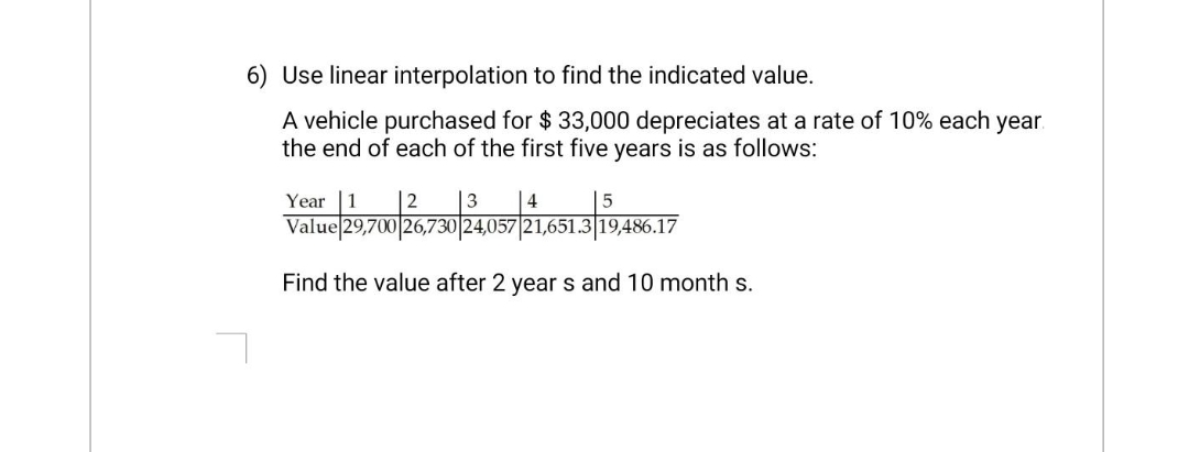6) Use linear interpolation to find the indicated value.
A vehicle purchased for $ 33,000 depreciates at a rate of 10% each year.
the end of each of the first five years is as follows:
Year 1 2 3 4
5
Value 29,700 26,730 24,057 21,651.3 19,486.17
Find the value after 2 years and 10 months.