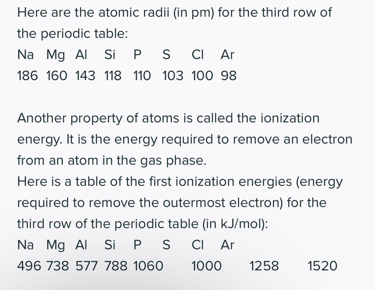 Here are the atomic radii (in pm) for the third row of
the periodic table:
Na Mg Al Si P S CI Ar
186 160 143 118 110 103 100 98
Another property of atoms is called the ionization
energy. It is the energy required to remove an electron
from an atom in the gas phase.
Here is a table of the first ionization energies (energy
required to remove the outermost electron) for the
third row of the periodic table (in kJ/mol):
Na Mg Al Si P S CI Ar
496 738 577 788 1060
1000
1258
1520