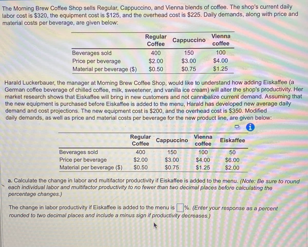 The Morning Brew Coffee Shop sells Regular, Cappuccino, and Vienna blends of coffee. The shop's current daily
labor cost is $320, the equipment cost is $125, and the overhead cost is $225. Daily demands, along with price and
material costs per beverage, are given below:
Regular
Vienna
Cappuccino
Coffee
coffee
Beverages sold
Price per beverage
400
150
100
$2.00
$3.00
$4.00
Material per beverage ($)
$0.50
$0.75
$1.25
Harald Luckerbauer, the manager at Morning Brew Coffee Shop, would like to understand how adding Eiskaffee (a
German coffee beverage of chilled coffee, milk, sweetener, and vanilla ice cream) will alter the shop's productivity. Her
market research shows that Eiskaffee will bring in new customers and not cannibalize current demand. Assuming that
the new equipment is purchased before Eiskaffee is added to the menu, Harald has developed new average daily
demand and cost projections. The new equipment cost is $200, and the overhead cost is $350. Modified
daily demands, as well as price and material costs per beverage for the new product line, are given below:
i
Regular
Coffee
Cappuccino
Vienna
coffee
Eiskaffee
Beverages sold
400
150
100
50
Price per beverage
$2.00
$3.00
$4.00
$6.00
Material per beverage ($)
$0.50
$0.75
$1.25
$2.00
a. Calculate the change in labor and multifactor productivity if Eiskaffee is added to the menu. (Note: Be sure to round
each individual labor and multifactor productivity to no fewer than two decimal places before calculating the
percentage changes.)
The change in labor productivity if Eiskaffee is added to the menu is %. (Enter your response as a percent
rounded to two decimal places and include a minus sign if productivity decreases.)