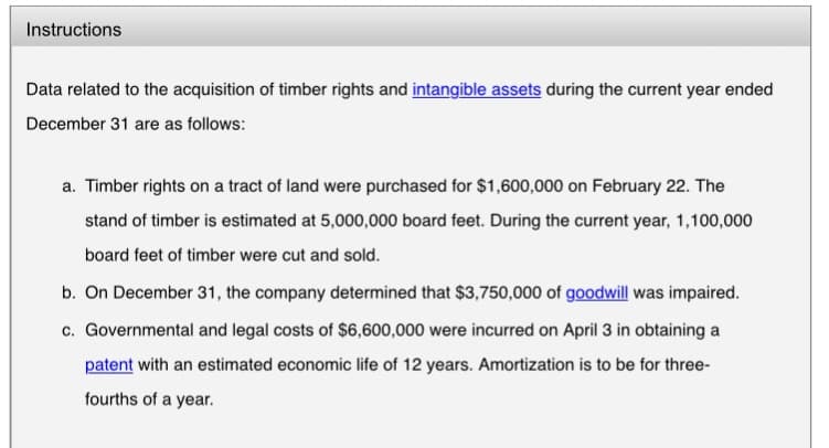 Instructions
Data related to the acquisition of timber rights and intangible assets during the current year ended
December 31 are as follows:
a. Timber rights on a tract of land were purchased for $1,600,000 on February 22. The
stand of timber is estimated at 5,000,000 board feet. During the current year, 1,100,000
board feet of timber were cut and sold.
b. On December 31, the company determined that $3,750,000 of goodwill was impaired.
c. Governmental and legal costs of $6,600,000 were incurred on April 3 in obtaining a
patent with an estimated economic life of 12 years. Amortization is to be for three-
fourths of a year.