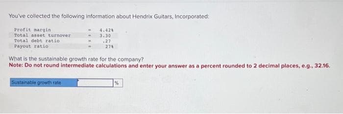 You've collected the following information about Hendrix Guitars, Incorporated:
Profit margin
Total asset turnover
Total debt ratio
Payout ratio
4.42%
3.30
.27
278
What is the sustainable growth rate for the company?
Note: Do not round intermediate calculations and enter your answer as a percent rounded to 2 decimal places, e.g., 32.16.
Sustainable growth rate
%