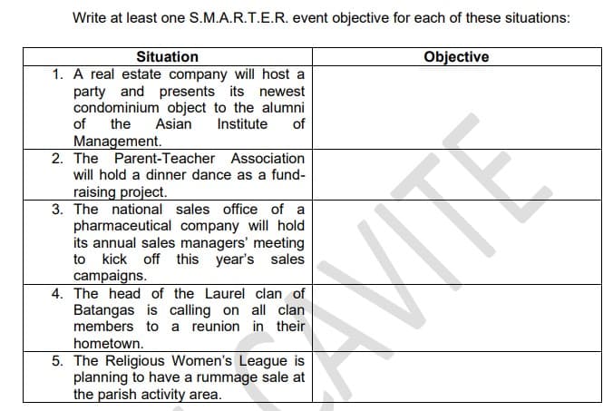 Write at least one S.M.A.R.T.E.R. event objective for each of these situations:
Situation
Objective
1. A real estate company will host a
party and presents its newest
condominium object to the alumni
of
the
Asian
Institute
of
Management.
2. The Parent-Teacher Association
will hold a dinner dance as a fund-
raising project.
3. The national sales office of a
pharmaceutical company will hold
its annual sales managers' meeting
to kick off this
year's sales
campaigns.
4. The head of the Laurel clan of
Batangas is calling on all clan
members to a reunion in their
hometown.
5. The Religious Women's League is
planning to have a rummage sale at
the parish activity area.
VITE
