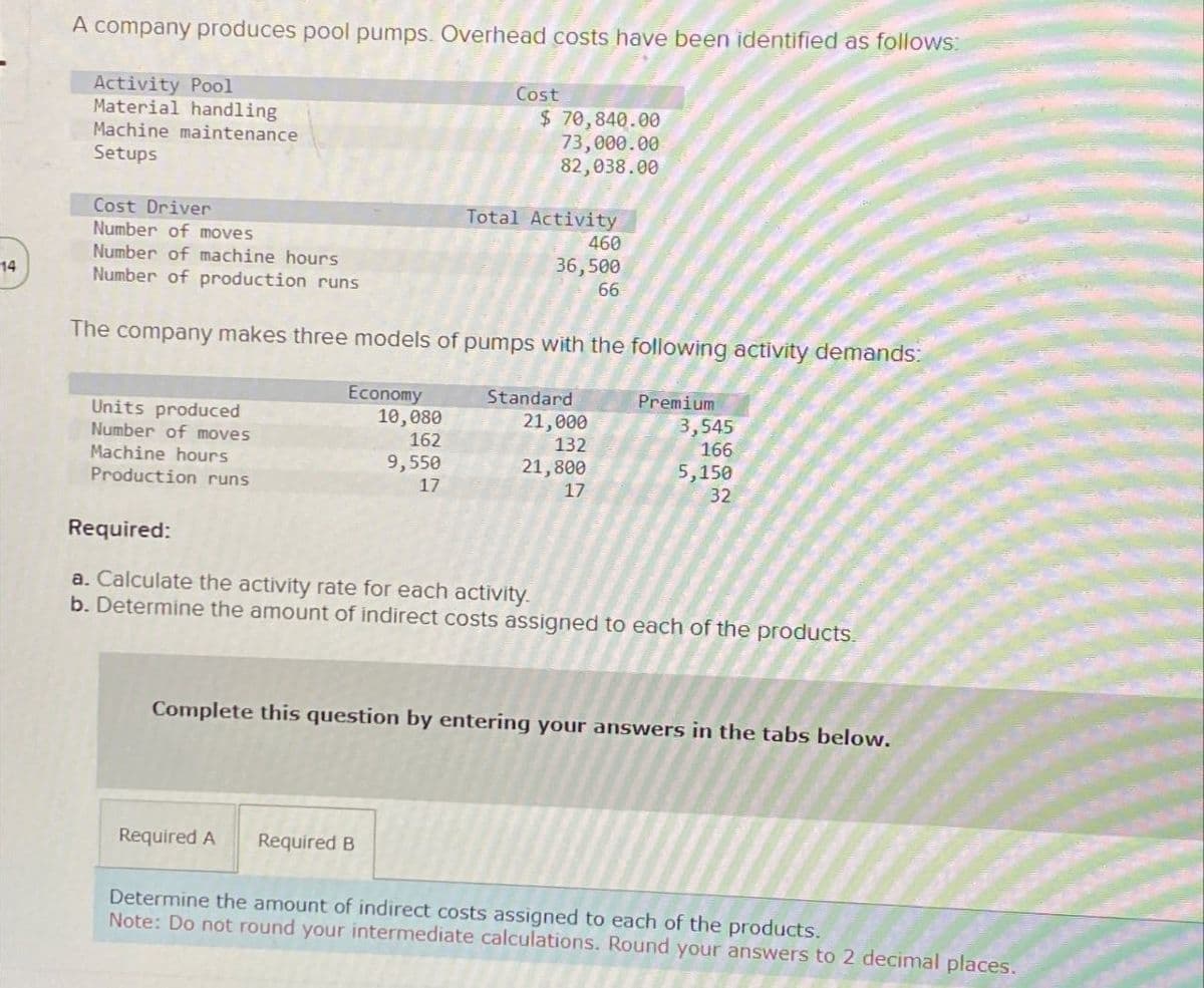 A company produces pool pumps. Overhead costs have been identified as follows:
Activity Pool
Cost
Material handling
Machine maintenance
Setups
Cost Driver
Number of moves
Number of machine hours
14
Number of production runs
$ 70,840.00
73,000.00
82,038.00
Total Activity
460
36,500
66
Number of moves
Economy
10,080
162
The company makes three models of pumps with the following activity demands:
Units produced
Standard
21,000
132
Premium
3,545
166
Machine hours
9,550
21,800
5,150
Production runs
17
17
32
Required:
a. Calculate the activity rate for each activity.
b. Determine the amount of indirect costs assigned to each of the products.
Complete this question by entering your answers in the tabs below.
Required A
Required B
Determine the amount of indirect costs assigned to each of the products.
Note: Do not round your intermediate calculations. Round your answers to 2 decimal places.