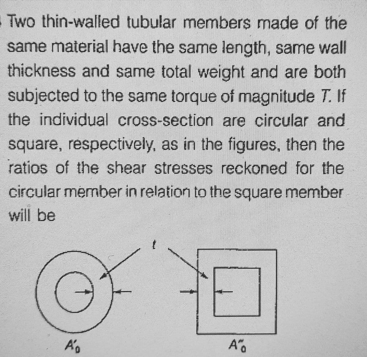 Two thin-walled tubular members made of the
same material have the same length, same wall
thickness and same total weight and are both
subjected to the same torque of magnitude T. If
the individual cross-section are circular and
square, respectively, as in the figures, then the
ratios of the shear stresses reckoned for the
circular member in relation to the square member
will be
A
t
A
