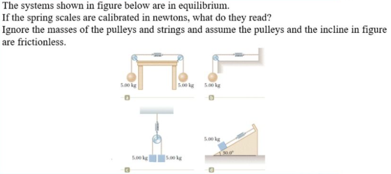 The systems shown in figure below are in equilibrium.
If the spring scales are calibrated in newtons, what do they read?
Ignore the masses of the pulleys and strings and assume the pulleys and the incline in figure
are frictionless.
500 kg
5.00 kg 5.00 kg
5.00 kg
30.0
5.00 kg
5.00 kg
