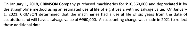 On January 1, 2018, CRIMSON Company purchased machineries for $10,560,000 and depreciated it by
the straight-line method using an estimated useful life of eight years with no salvage value. On January
1, 2021, CRIMSON determined that the machineries had a useful life of six years from the date of
acquisition and will have a salvage value of #960,000. An accounting change was made in 2021 to reflect
these additional data.