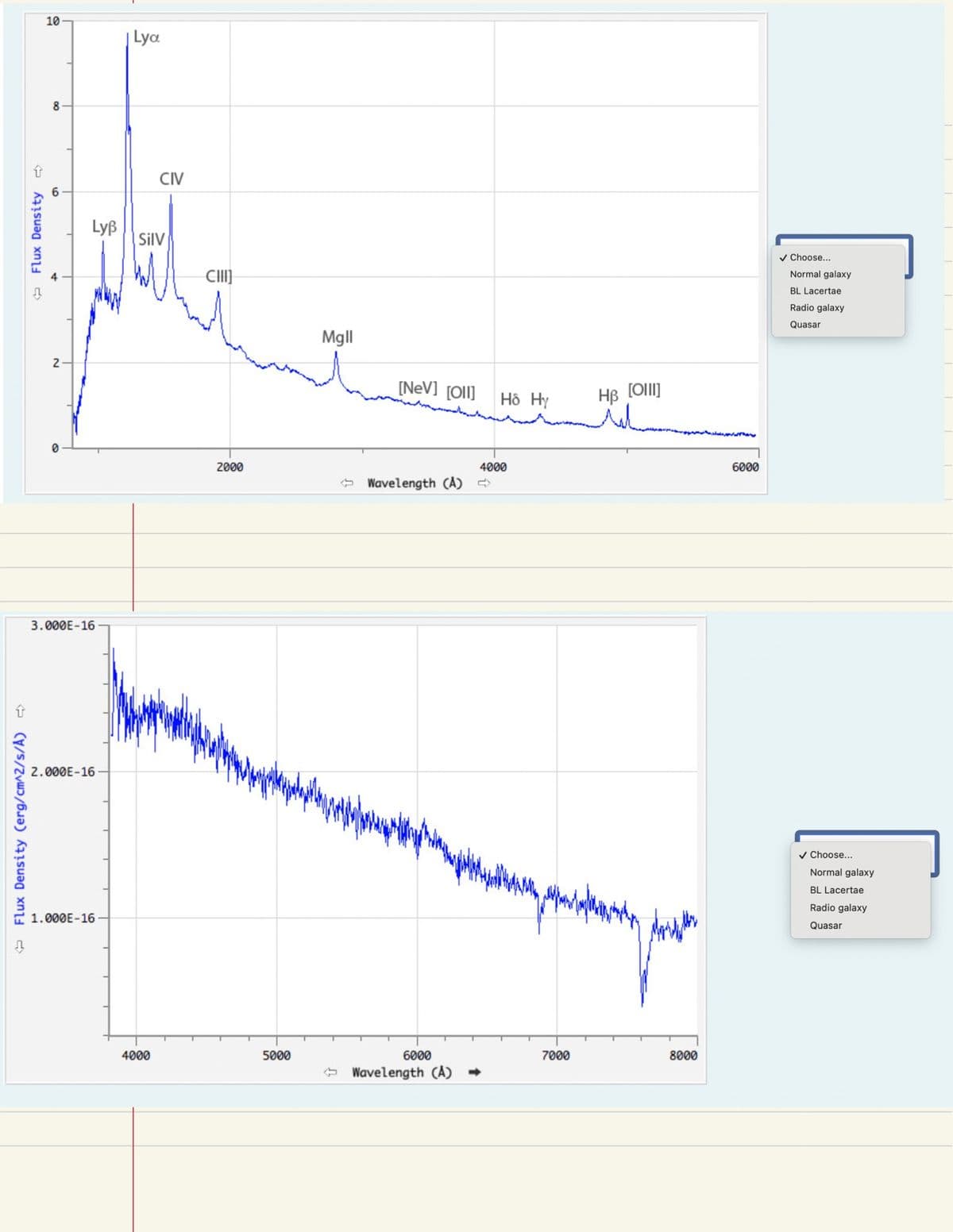 A
Flux Density (erg/cm^2/s/A)
A
Flux Density
10
Lya
8
2
3.000E-16
CIV
Lyẞ
Silv
CIII]
2.000E-16-
1.000E-16-
Mgll
[NeV] [Oll]
H8 Hy
Hẞ
[011]
2000
4000
Wavelength (A) →
6000
✓ Choose...
Normal galaxy
BL Lacertae
Radio galaxy
Quasar
Morthen
✓ Choose...
Normal galaxy
BL Lacertae
Radio galaxy
Quasar
4000
5000
6000
7000
8000
Wavelength (Å)