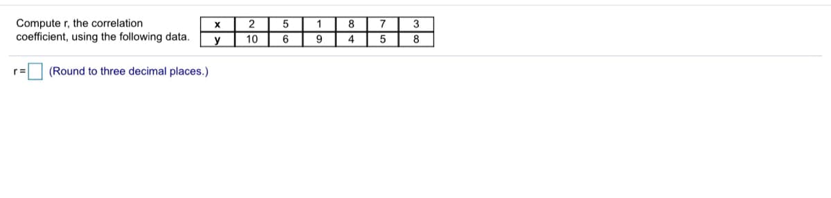 8
Compute r, the correlation
coefficient, using the following data.
3
y
10
9.
4
8
r=
(Round to three decimal places.)
56
