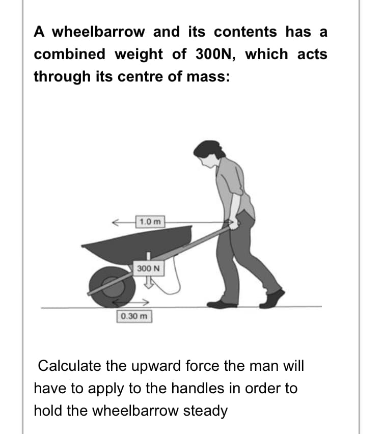 A wheelbarrow and its contents has a
combined weight of 300N, which acts
through its centre of mass:
1.0 m
300 N
0.30 m
Calculate the upward force the man will
have to apply to the handles in order to
hold the wheelbarrow steady