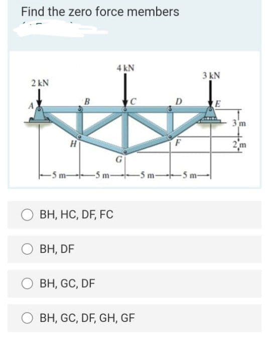 Find the zero force members
4 kN
3 kN
2 kN
A
B
E
3 m
F
2 m
G
-5 m-
-5 m-
-5 m-5 m-
ВН, НС, DF, FC
BH, DF
BH, GC, DF
BH, GC, DF, GH, GF
