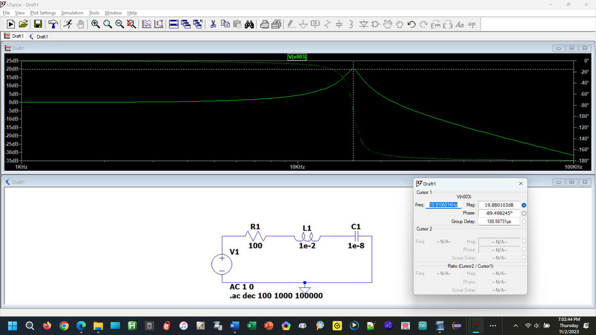 LTspice - Draft1
File View Plot Settings Simulation Tools Window Help
Draft1 Draft1
Draft1
25dB-
20dB-
15dB-
10dB-
5dB-
0dB-
-5dB-
-10dB-
-15dB-
-20dB-
-25dB-
30dB-
-35dB-
1KHz
Draft1
Q R E K
H
0:::
I
20 X
+
V1
A252↓@ < ÷ } ¥DMm
W
R1
100
X
V(n003)
P
10KHz
AC 10
.ac dec 100 1000 100000
L1
1e-2
✔
C1
1e-8
mû
**********
SET TOP
Draft1
Cursor 1
Cursor 2
Freq: 15.910601KHz
Freq:
Freq:
Aa .op
-- N/A-
V(n003)
Mag:
Phase:
Group Delay:
- N/A-
Mag:
Phase:
Group Delay:
Ratio (Cursor2 / Cursor 1)
Mag:
Phase:
Group Delay:
19.880103dB
-89.498245°
188.58731μs
-- N/A--
-- N/A--
- N/A-
- N/A-
-- N/A-
- N/A-
x
O
|
0
0
x
X
7:02:44 PM
Thursday
11/2/2023
0°
-20⁰
40°
-60°
-80°
--100⁰
--120°
|--140°
-160°
--180°
100KHz
X