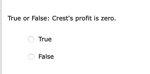 True or False: Crest's profit is zero.
True
False