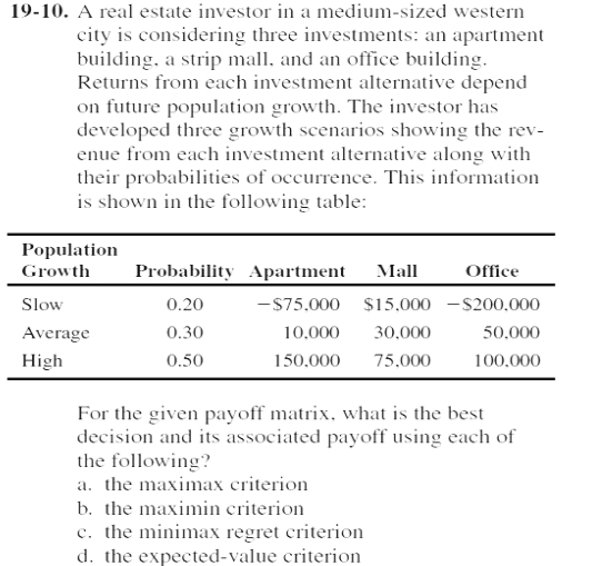 19-10. A real estate investor in a medium-sized western
city is considering three investments: an apartment
building, a strip mall, and an office building.
Returns from each investment alternative depend
on future population growth. The investor has
developed three growth scenarios showing the rev-
enue from each investment alternative along with
their probabilities of occurrence. This information
is shown in the following table:
Population
Growth
Slow
Average
High
Probability Apartment Mall
0.20
0.30
0.50
-$75,000 $15,000-$200,000
10,000
150,000
Office
30,000
75,000
c. the minimax regret criterion
d. the expected-value criterion
50,000
100,000
For the given payoff matrix, what is the best
decision and its associated payoff using each of
the following?
a. the maximax criterion
b. the maximin criterion