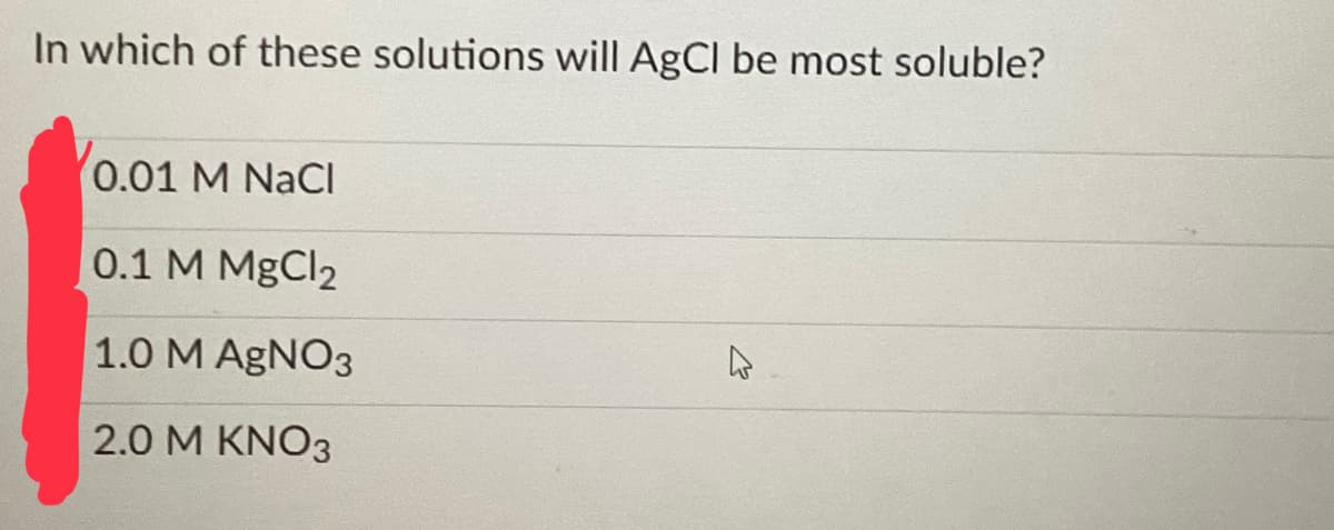 In which of these solutions will AgCl be most soluble?
0.01 M NaCl
0.1 M MgCl2
1.0 M AgNO3
2.0 M KNO3
4
