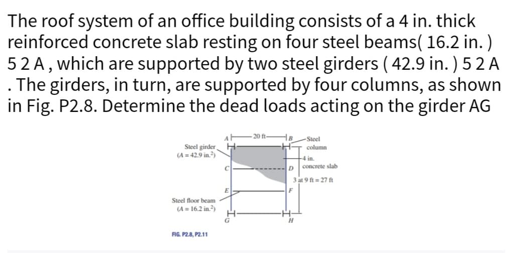 The roof system of an office building consists of a 4 in. thick
reinforced concrete slab resting on four steel beams( 16.2 in. )
52 A, which are supported by two steel girders ( 42.9 in.) 5 2 A
. The girders, in turn, are supported by four columns, as shown
in Fig. P2.8. Determine the dead loads acting on the girder AG
Steel girder
(A=42.9 in.²)
Steel floor beam
(A= 16.2 in.²)
FIG. P2.8, P2.11
E
20 ft-
B -Steel
D
column
4 in.
concrete slab
3 at 9 ft = 27 ft
F
