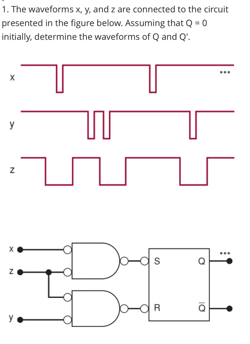 1. The waveforms x, y, and z are connected to the circuit
presented in the figure below. Assuming that Q = 0
initially, determine the waveforms of Q and Q'.
X
y
Z
S
Z
IBI
R
y
Q
