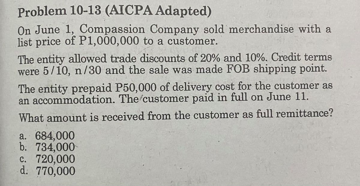 Problem 10-13 (AICPA Adapted)
On June 1, Compassion Company sold merchandise with a
list price of P1,000,000 to a customer.
The entity allowed trade discounts of 20% and 10%. Credit terms
were 5/10, n/30 and the sale was made FOB shipping point.
The entity prepaid P50,000 of delivery cost for the customer as
an accommodation. The'customer paid in full on June 11.
What amount is received from the customer as full remittance?
a. 684,000
b. 734,000
C. 720,000
d. 770,000
