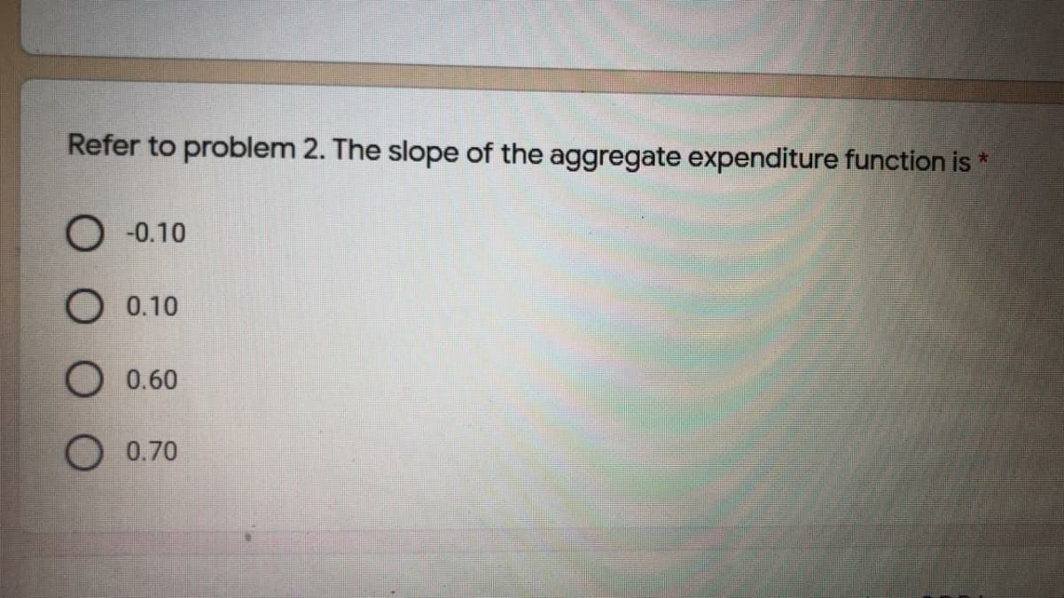 Refer to problem 2. The slope of the aggregate expenditure function is *
O -0.10
О .10
O 0.60
O 0.70
