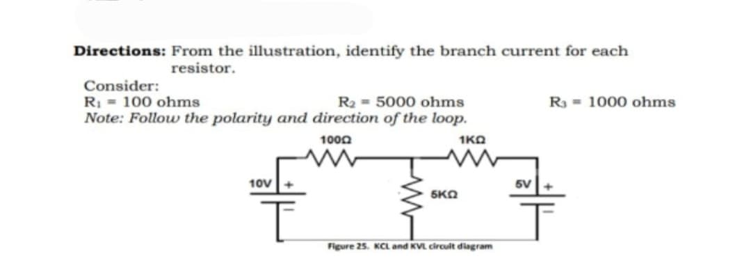 Directions: From the illustration, identify the branch current for each
resistor.
Consider:
R = 100 ohms
Note: Follow the polarity and direction of the loop.
R2 = 5000 ohms
R3 = 1000 ohms
1000
1KO
10v+
5V+
SKO
Figure 25. KCL and KVL circult diagram
