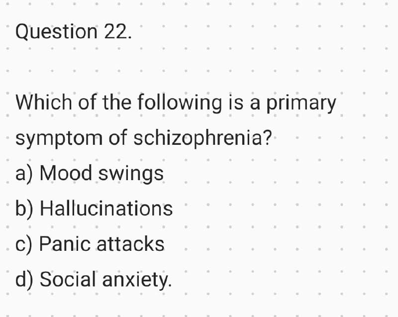 Question 22.
Which of the following is a primary
symptom of schizophrenia?
a) Mood swings
b) Hallucinations
c) Panic attacks
d) Social anxiety.