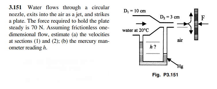 3.151 Water flows through a circular
nozzle, exits into the air as a jet, and strikes
a plate. The force required to hold the plate
steady is 70 N. Assuming frictionless one-
dimensional flow, estimate (a) the velocities
at sections (1) and (2); (b) the mercury man-
ometer reading h.
Di = 10 cm
D2 = 3 cm
F
water at 20°C
air
h?
Hg
Fig. P3.151
