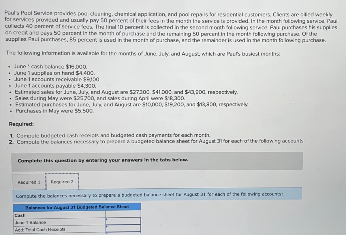 Paul's Pool Service provides pool cleaning, chemical application, and pool repairs for residential customers. Clients are billed weekly
for services provided and usually pay 50 percent of their fees in the month the service is provided. In the month following service, Paul
collects 40 percent of service fees. The final 10 percent is collected in the second month following service. Paul purchases his supplies
on credit and pays 50 percent in the month of purchase and the remaining 50 percent in the month following purchase. Of the
supplies Paul purchases, 85 percent is used in the month of purchase, and the remainder is used in the month following purchase.
The following information is available for the months of June, July, and August, which are Paul's busiest months:
⚫ June 1 cash balance $16,000.
⚫ June 1 supplies on hand $4,400.
⚫ June 1 accounts receivable $9,100.
•
June 1 accounts payable $4,300.
• Estimated sales for June, July, and August are $27,300, $41,000, and $43,900, respectively.
Sales during May were $25,700, and sales during April were $18,300.
. Estimated purchases for June, July, and August are $10,000, $19,200, and $13,800, respectively.
.
Purchases in May were $5,500.
Required:
1. Compute budgeted cash receipts and budgeted cash payments for each month.
2. Compute the balances necessary to prepare a budgeted balance sheet for August 31 for each of the following accounts:
Complete this question by entering your answers in the tabs below.
Required 1 Required 2
Compute the balances necessary to prepare a budgeted balance sheet for August 31 for each of the following accounts:
Cash
Balances for August 31 Budgeted Balance Sheet
June 1 Balance
Add: Total Cash Receipts