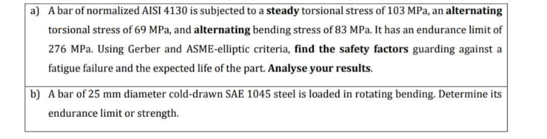 a) A bar of normalized AISI 4130 is subjected to a steady torsional stress of 103 MPa, an alternating
torsional stress of 69 MPa, and alternating bending stress of 83 MPa. It has an endurance limit of
276 MPa. Using Gerber and ASME-elliptic criteria, find the safety factors guarding against a
fatigue failure and the expected life of the part. Analyse your results.
b) A bar of 25 mm diameter cold-drawn SAE 1045 steel is loaded in rotating bending. Determine its
endurance limit or strength.