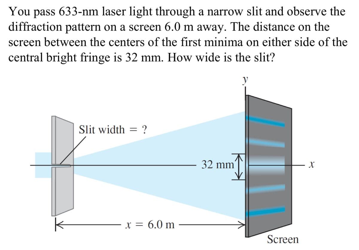 You pass 633-nm laser light through a narrow slit and observe the
diffraction pattern on a screen 6.0 m away. The distance on the
screen between the centers of the first minima on either side of the
central bright fringe is 32 mm. How wide is the slit?
Slit width = ?
k
x = 6.0 m
y
32 mm
X
Screen