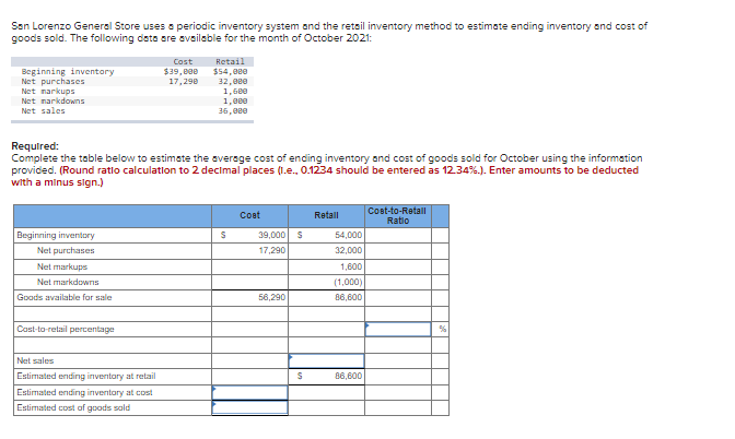 San Lorenzo General Store uses s periodic inventory system and the retsil inventory method to estimate ending inventory and cost of
goods sold. The following data are available for the month of October 2021:
Cost
Retail
$39, e00
17,290
Beginning inventory
Net purchases
Net narkups
Net markdowns
Net sales
$54,000
32,8ee
1,68e
1,8e0
36, 0ee
Required:
Complete the table below to estimate the sverage cost of ending inventory and cost of goods sold for October using the information
provided. (Round ratlo calculation to 2 decimal places (1.e., 0.1234 should be entered as 12.34%.). Enter amounts to be deducted
with a minus sign.)
Cost-to-Retall
Ratio
Cont
Retall
39,000 S
Beginning inventory
Net purchases
54,000
17,290
32,000
Net markups
1,600
Net markdowns
(1,000)
Goods available for sale
56,290
86,600
Cost-to retail percentage
Net sales
Estimated ending inventory at retail
86,600
Estimated ending inventory at cost
Estimated cost of goods sald
